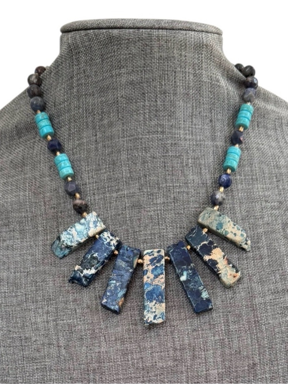 Boho Natural Stone Statement Necklace Turquoise Jasper Slab Choker 17” Blue